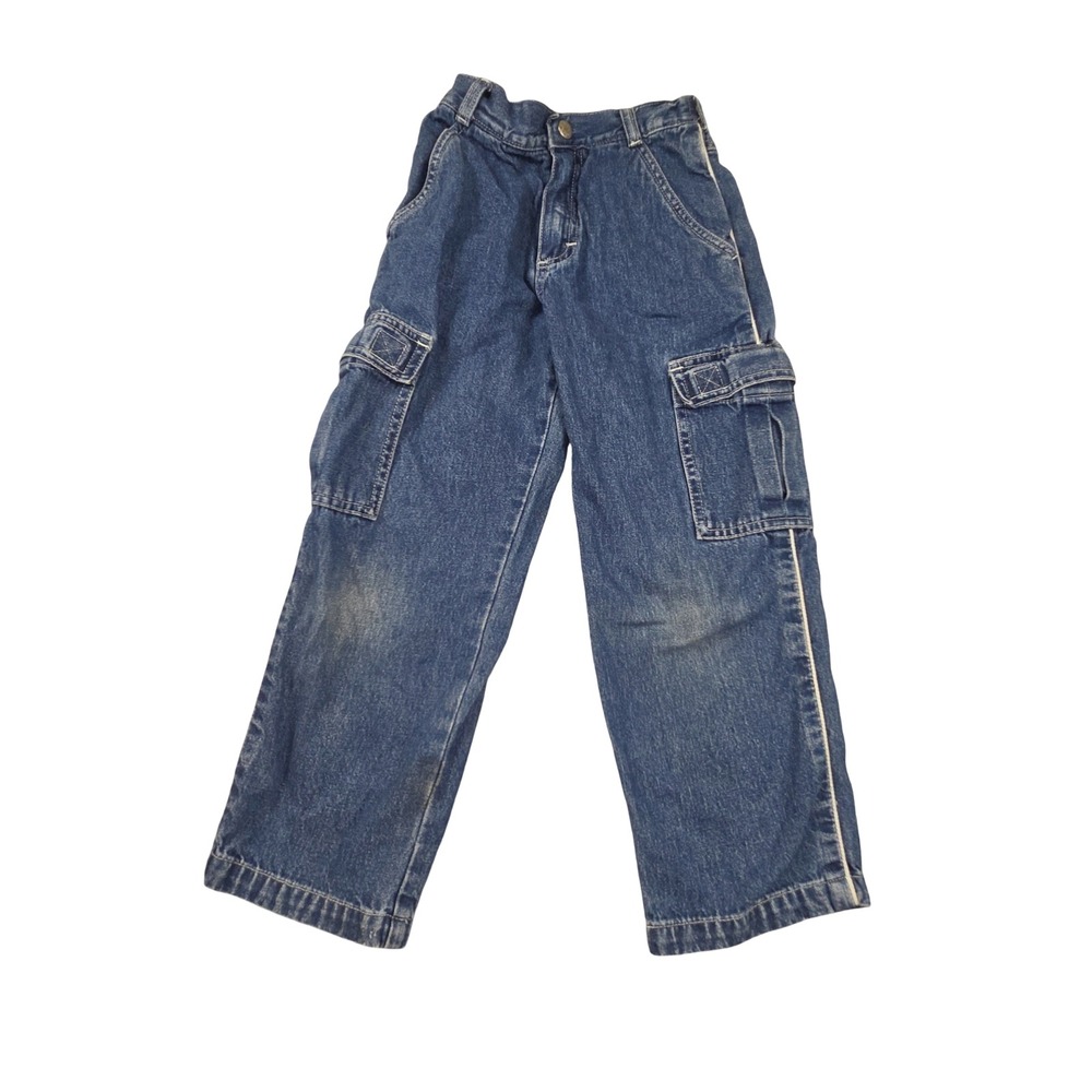 Vintage OshKosh Bgosh Boys Blue Denim Cargo Jeans Size 6 90s Side Stripe Pockets